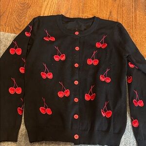 Black Cardigan with Red Cherry Embroidery